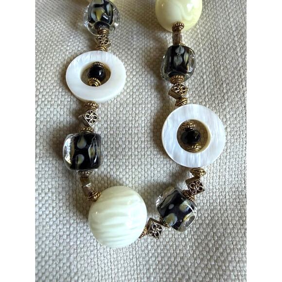 Vintage Mother of Pearl & Glass Beaded Necklace | Gold Tone Accents - Picture 2 of 5